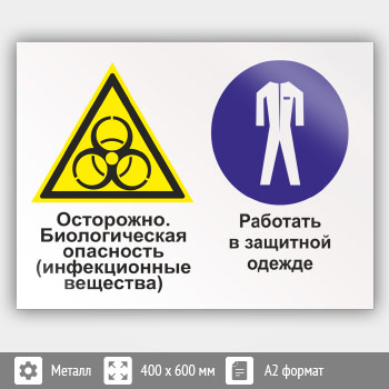 Знак «Осторожно - биологическая опасность (инфекционные вещества). Работать в защитной одежде», КЗ-53 (металл, 600х400 мм)